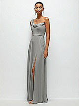 Side View Thumbnail - Chelsea Gray Chiffon One-Shoulder Maxi Dress with Draped Cowl Neckline