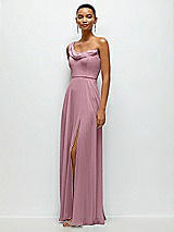 Side View Thumbnail - Dusty Pink Chiffon One-Shoulder Maxi Dress with Draped Cowl Neckline