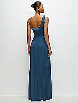 Rear View Thumbnail - Dusk Blue Chiffon One-Shoulder Maxi Dress with Draped Cowl Neckline