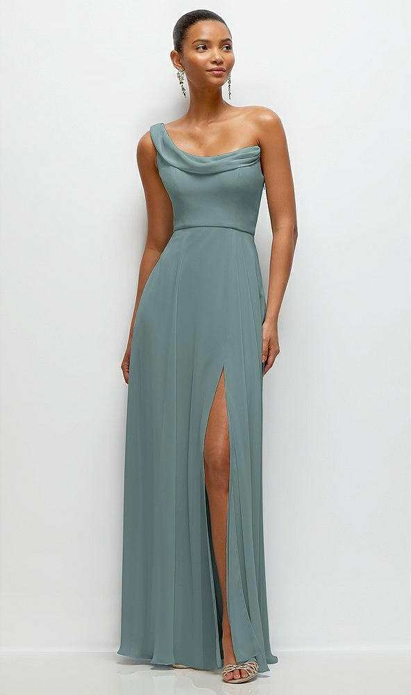 Front View - Icelandic Chiffon One-Shoulder Maxi Dress with Draped Cowl Neckline