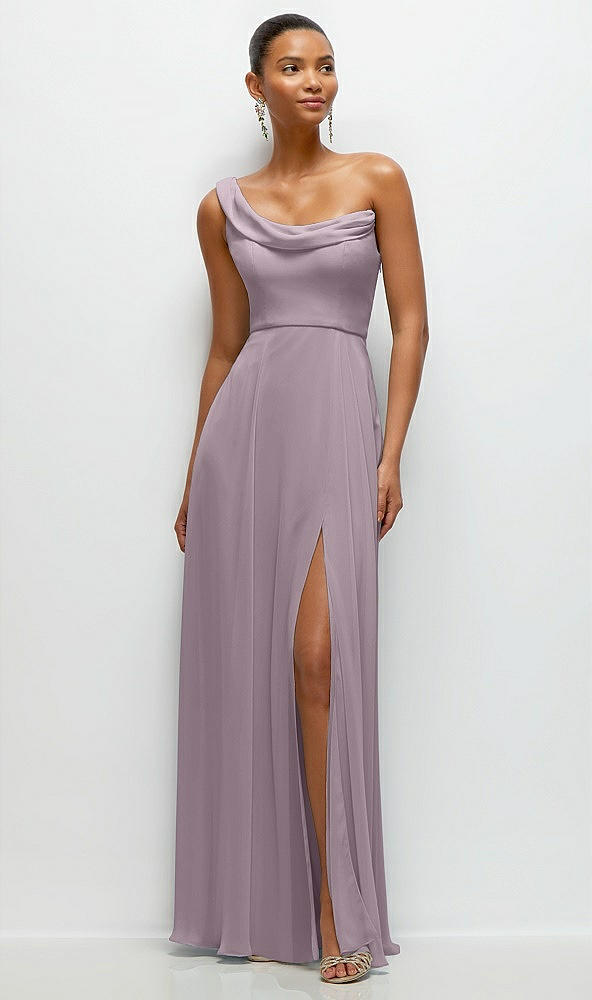 Front View - Lilac Dusk Chiffon One-Shoulder Maxi Dress with Draped Cowl Neckline