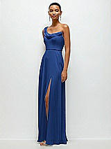 Side View Thumbnail - Classic Blue Chiffon One-Shoulder Maxi Dress with Draped Cowl Neckline