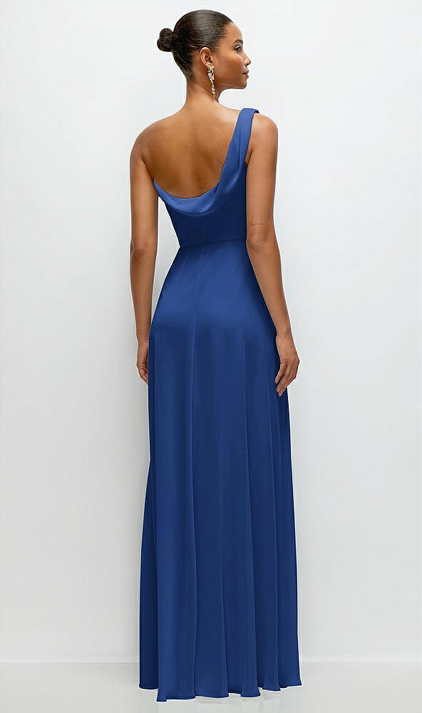 Back View - Classic Blue Chiffon One-Shoulder Maxi Dress with Draped Cowl Neckline