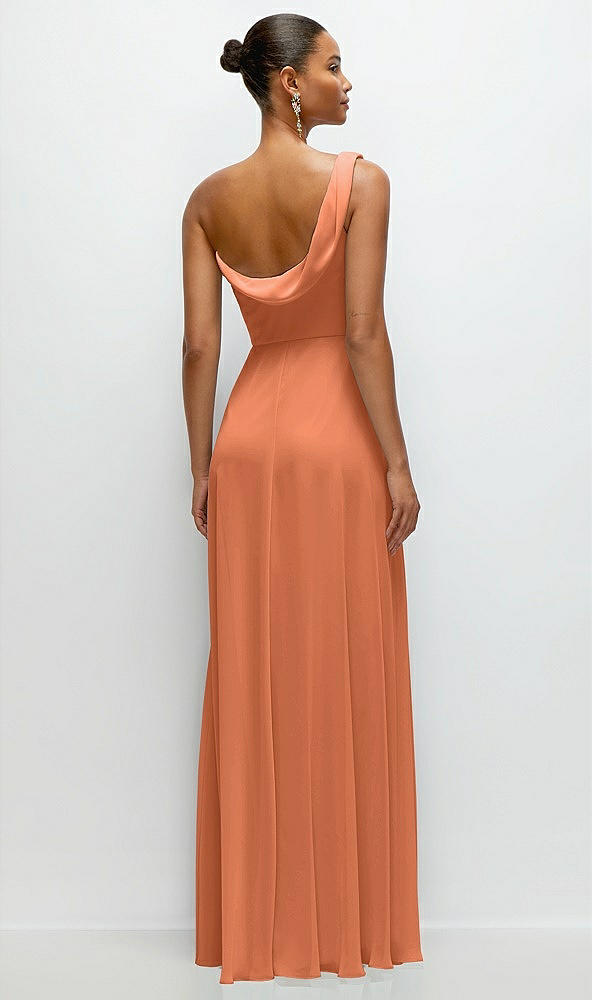 Back View - Sweet Melon Chiffon One-Shoulder Maxi Dress with Draped Cowl Neckline