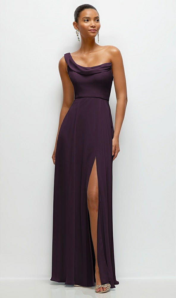 Front View - Aubergine Chiffon One-Shoulder Maxi Dress with Draped Cowl Neckline