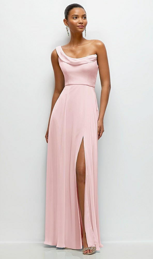 Front View - Ballet Pink Chiffon One-Shoulder Maxi Dress with Draped Cowl Neckline