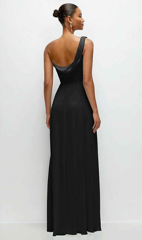 Back View - Black Chiffon One-Shoulder Maxi Dress with Draped Cowl Neckline