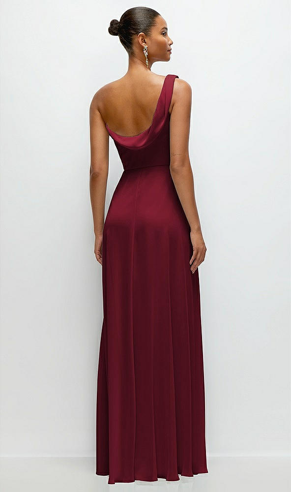 Back View - Burgundy Chiffon One-Shoulder Maxi Dress with Draped Cowl Neckline