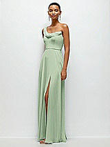 Side View Thumbnail - Celadon Chiffon One-Shoulder Maxi Dress with Draped Cowl Neckline