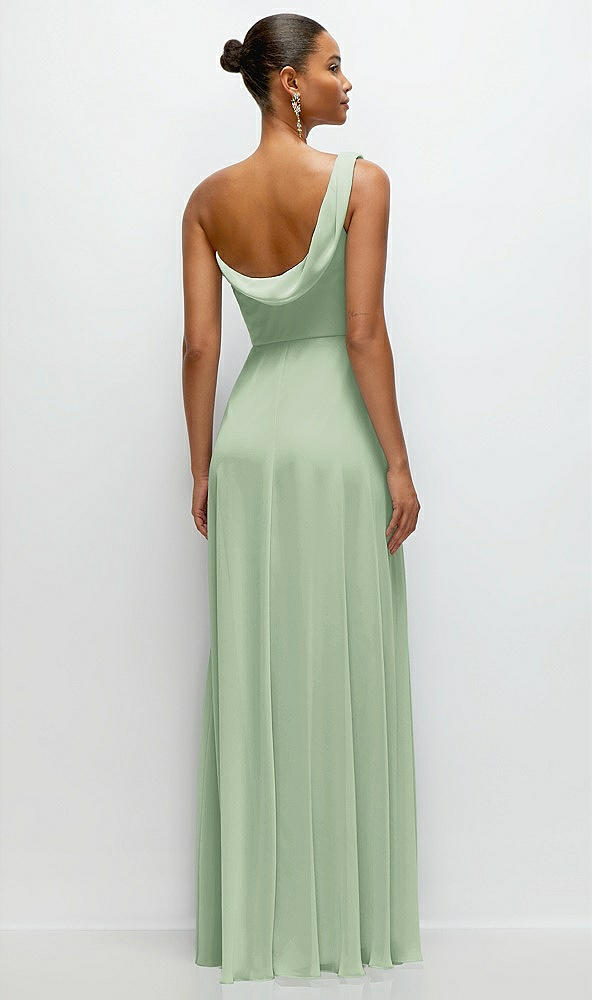 Back View - Celadon Chiffon One-Shoulder Maxi Dress with Draped Cowl Neckline