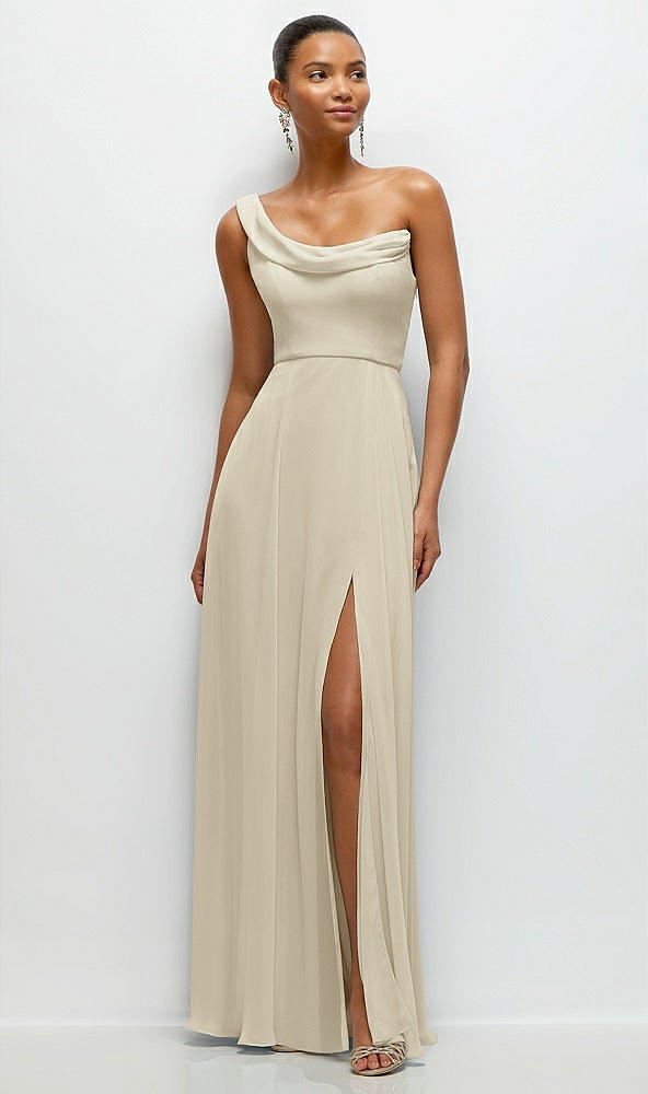 Front View - Champagne Chiffon One-Shoulder Maxi Dress with Draped Cowl Neckline