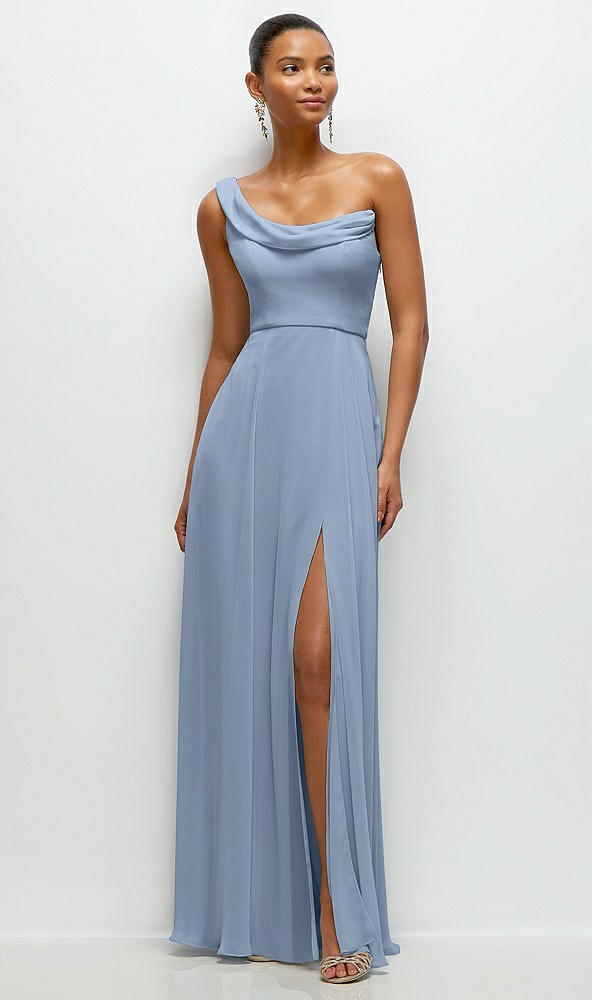 Front View - Cloudy Chiffon One-Shoulder Maxi Dress with Draped Cowl Neckline