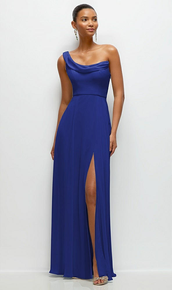 Front View - Cobalt Blue Chiffon One-Shoulder Maxi Dress with Draped Cowl Neckline