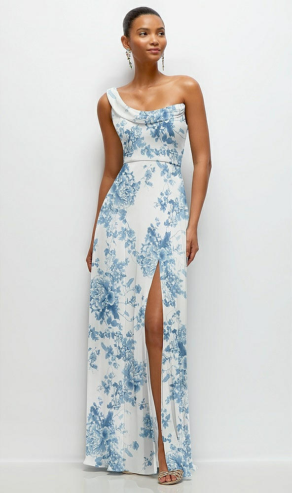 Front View - Cottage Rose Dusk Blue Chiffon One-Shoulder Maxi Dress with Draped Cowl Neckline