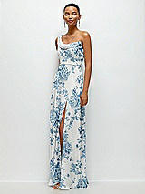 Side View Thumbnail - Cottage Rose Dusk Blue Chiffon One-Shoulder Maxi Dress with Draped Cowl Neckline