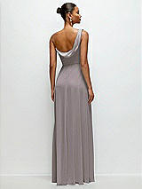 Rear View Thumbnail - Cashmere Gray Chiffon One-Shoulder Maxi Dress with Draped Cowl Neckline