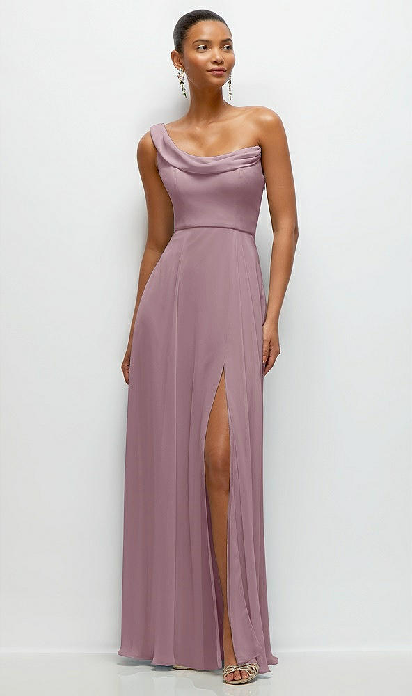 Front View - Dusty Rose Chiffon One-Shoulder Maxi Dress with Draped Cowl Neckline