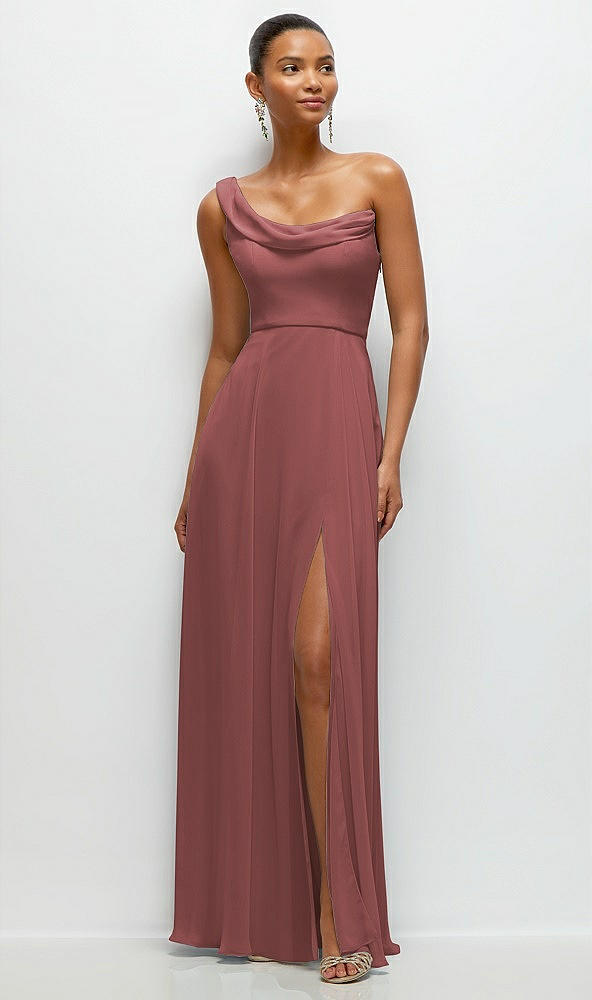 Front View - English Rose Chiffon One-Shoulder Maxi Dress with Draped Cowl Neckline