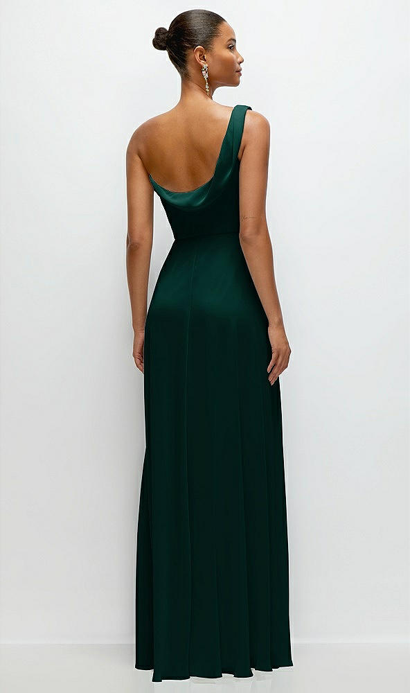 Back View - Evergreen Chiffon One-Shoulder Maxi Dress with Draped Cowl Neckline