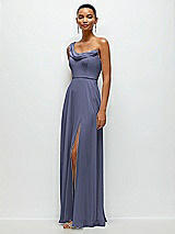 Side View Thumbnail - French Blue Chiffon One-Shoulder Maxi Dress with Draped Cowl Neckline