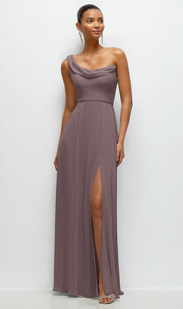 Front View - French Truffle Chiffon One-Shoulder Maxi Dress with Draped Cowl Neckline