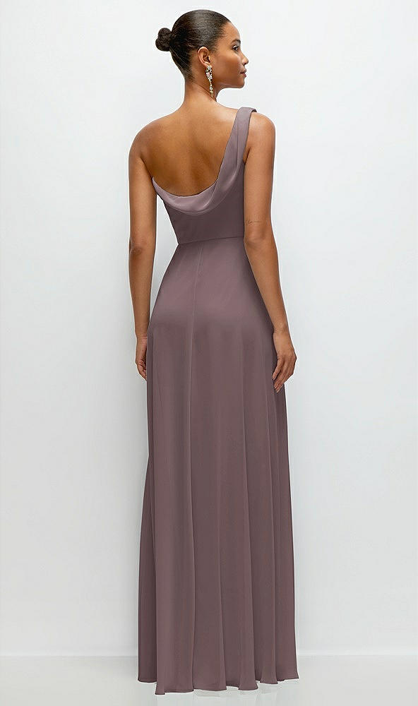 Back View - French Truffle Chiffon One-Shoulder Maxi Dress with Draped Cowl Neckline