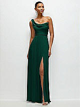 Front View Thumbnail - Hunter Green Chiffon One-Shoulder Maxi Dress with Draped Cowl Neckline