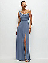 Front View Thumbnail - Larkspur Blue Chiffon One-Shoulder Maxi Dress with Draped Cowl Neckline