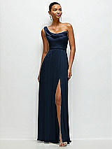 Front View Thumbnail - Midnight Navy Chiffon One-Shoulder Maxi Dress with Draped Cowl Neckline