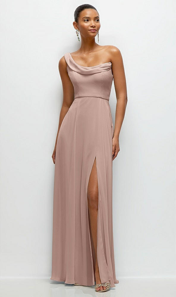 Front View - Neu Nude Chiffon One-Shoulder Maxi Dress with Draped Cowl Neckline