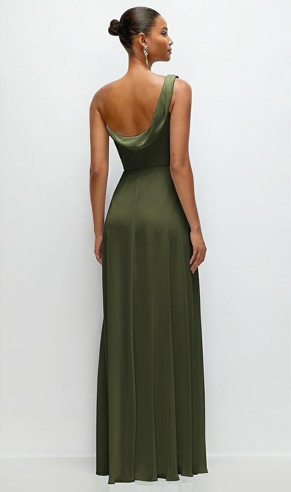 Back View - Olive Green Chiffon One-Shoulder Maxi Dress with Draped Cowl Neckline