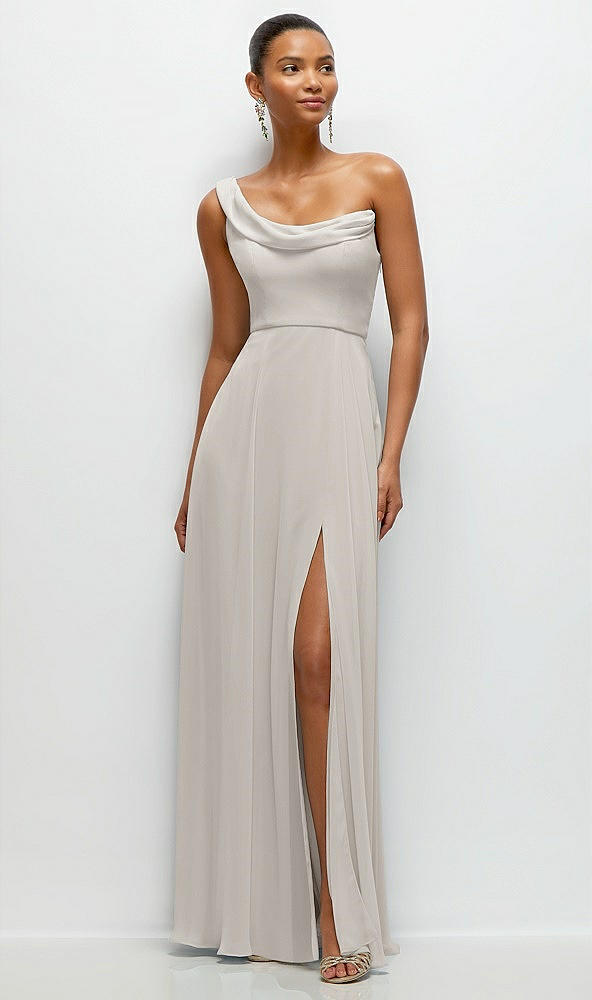 Front View - Oyster Chiffon One-Shoulder Maxi Dress with Draped Cowl Neckline