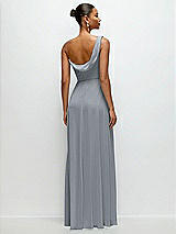 Rear View Thumbnail - Platinum Chiffon One-Shoulder Maxi Dress with Draped Cowl Neckline