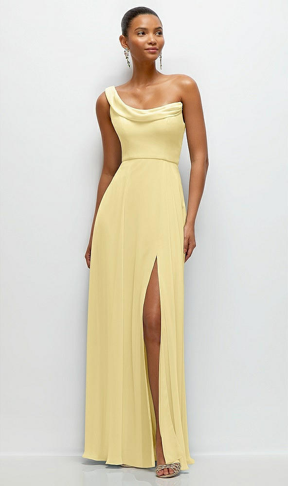 Front View - Pale Yellow Chiffon One-Shoulder Maxi Dress with Draped Cowl Neckline