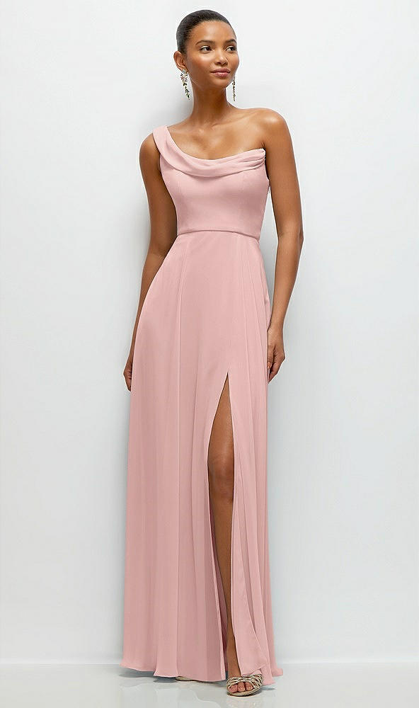 Front View - Rose - PANTONE Rose Quartz Chiffon One-Shoulder Maxi Dress with Draped Cowl Neckline