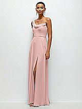 Side View Thumbnail - Rose - PANTONE Rose Quartz Chiffon One-Shoulder Maxi Dress with Draped Cowl Neckline