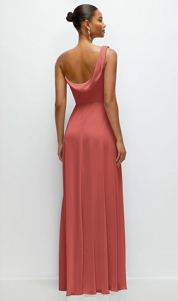 Back View - Coral Pink Chiffon One-Shoulder Maxi Dress with Draped Cowl Neckline