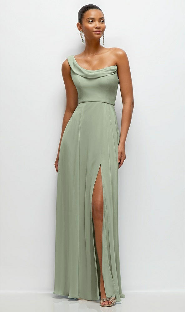 Front View - Sage Chiffon One-Shoulder Maxi Dress with Draped Cowl Neckline