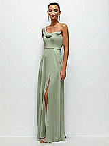 Side View Thumbnail - Sage Chiffon One-Shoulder Maxi Dress with Draped Cowl Neckline