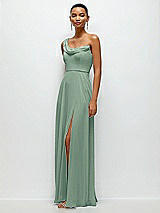 Side View Thumbnail - Seagrass Chiffon One-Shoulder Maxi Dress with Draped Cowl Neckline