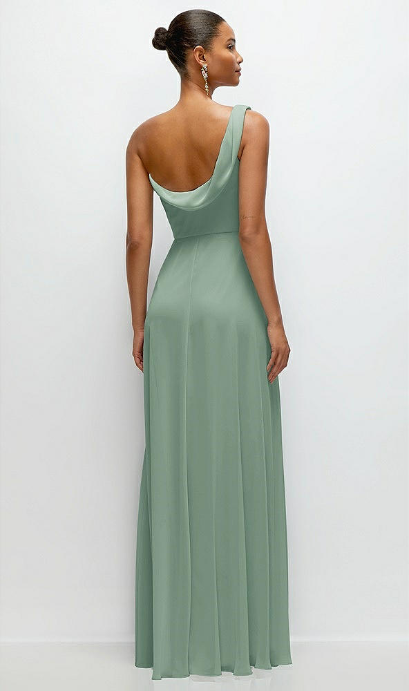 Back View - Seagrass Chiffon One-Shoulder Maxi Dress with Draped Cowl Neckline