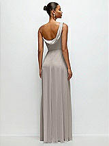 Rear View Thumbnail - Taupe Chiffon One-Shoulder Maxi Dress with Draped Cowl Neckline