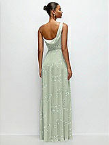 Rear View Thumbnail - Vintage Primrose Sage Chiffon One-Shoulder Maxi Dress with Draped Cowl Neckline