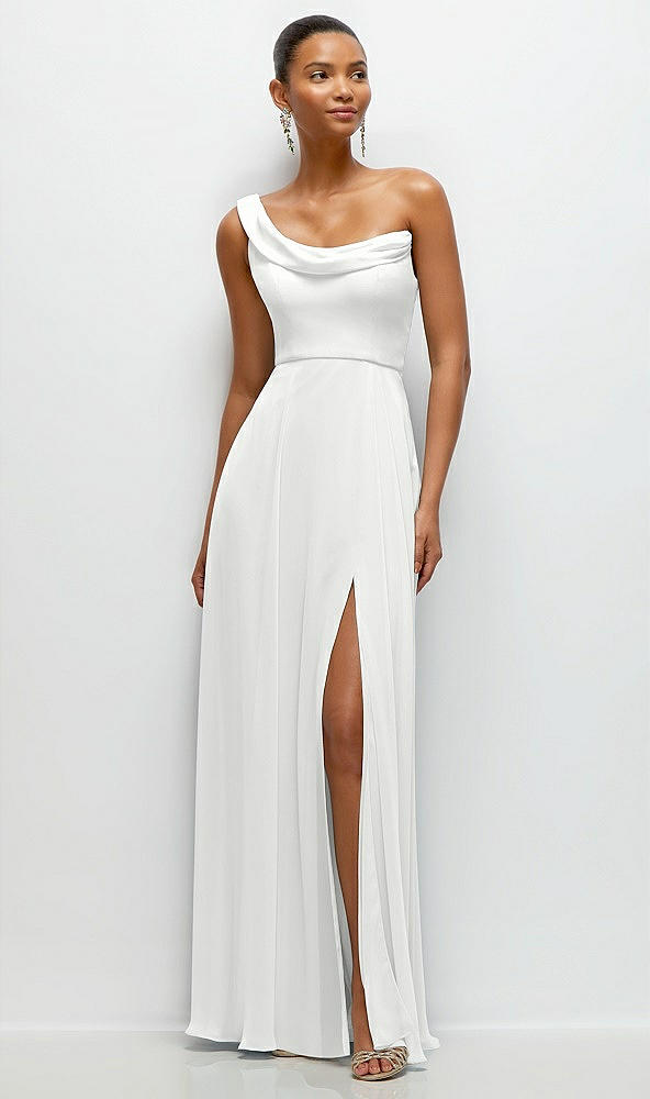 Front View - White Chiffon One-Shoulder Maxi Dress with Draped Cowl Neckline