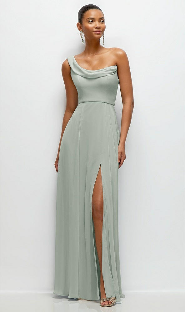 Front View - Willow Green Chiffon One-Shoulder Maxi Dress with Draped Cowl Neckline