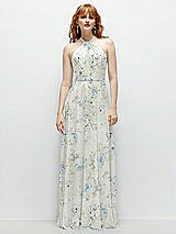 Front View Thumbnail - Bleu Garden Shirred Halter Chiffon Maxi Dress with Back Sash-Tie Closure