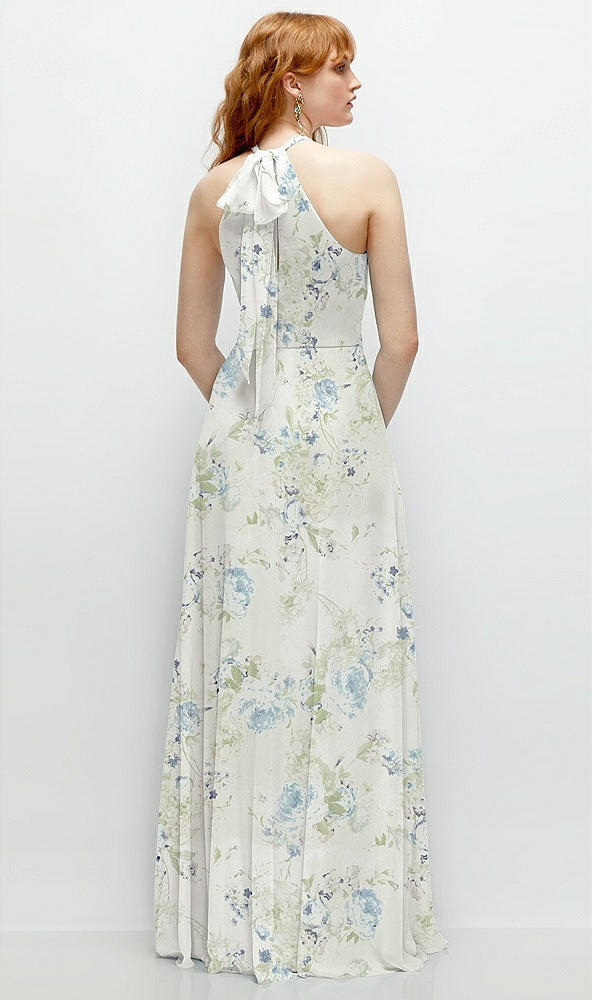 Back View - Bleu Garden Shirred Halter Chiffon Maxi Dress with Back Sash-Tie Closure