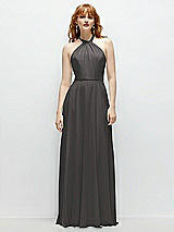 Front View Thumbnail - Caviar Gray Shirred Halter Chiffon Maxi Dress with Back Sash-Tie Closure