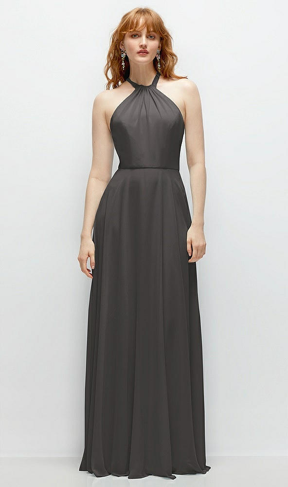 Front View - Caviar Gray Shirred Halter Chiffon Maxi Dress with Back Sash-Tie Closure