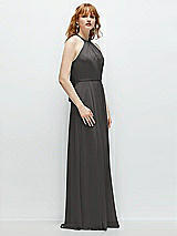 Side View Thumbnail - Caviar Gray Shirred Halter Chiffon Maxi Dress with Back Sash-Tie Closure